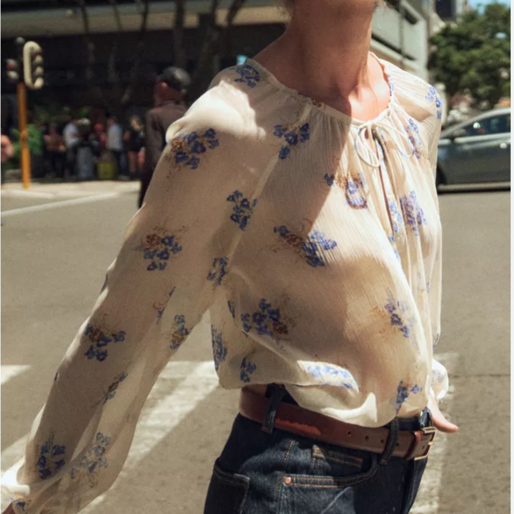 Zara Floral Sheer Peasant Blouse Size S